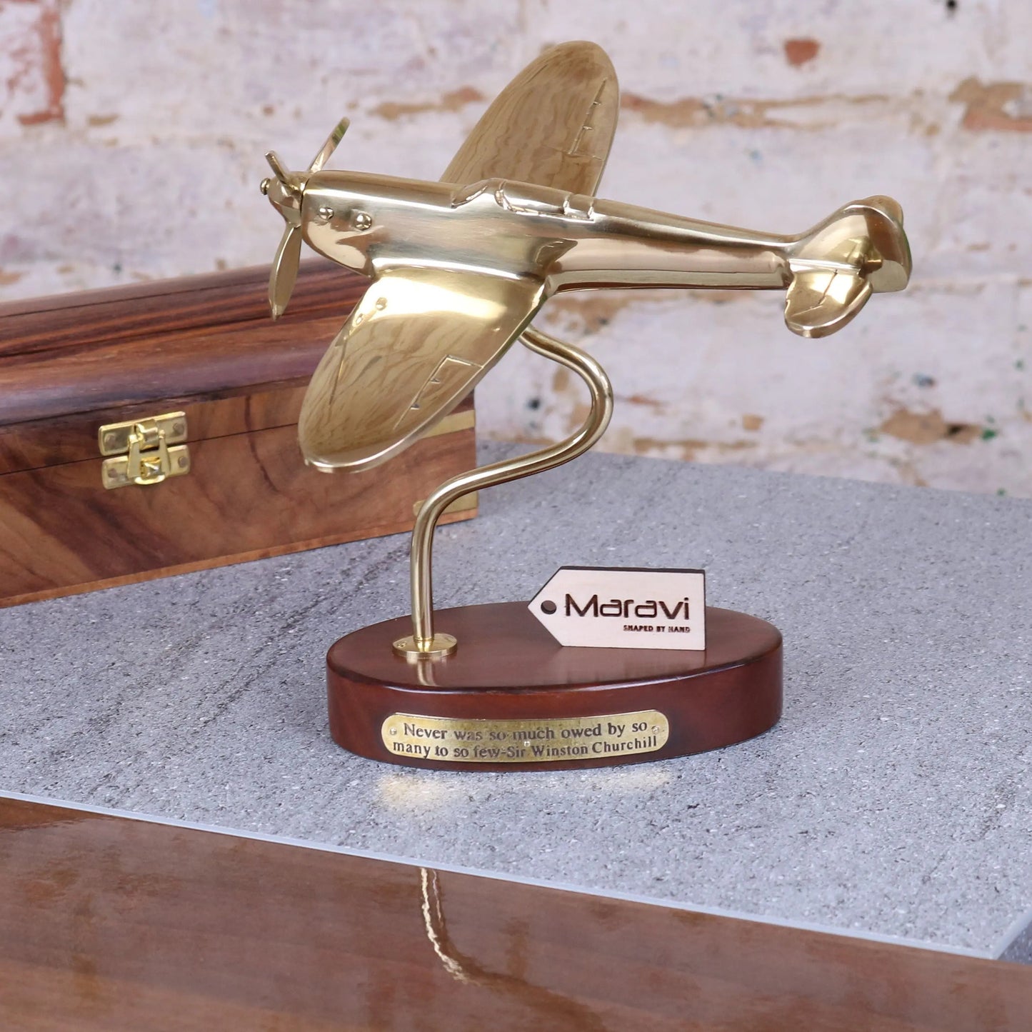 Brass Spitfire Model with Churchill Quote Plaque | RAF Desk Ornament