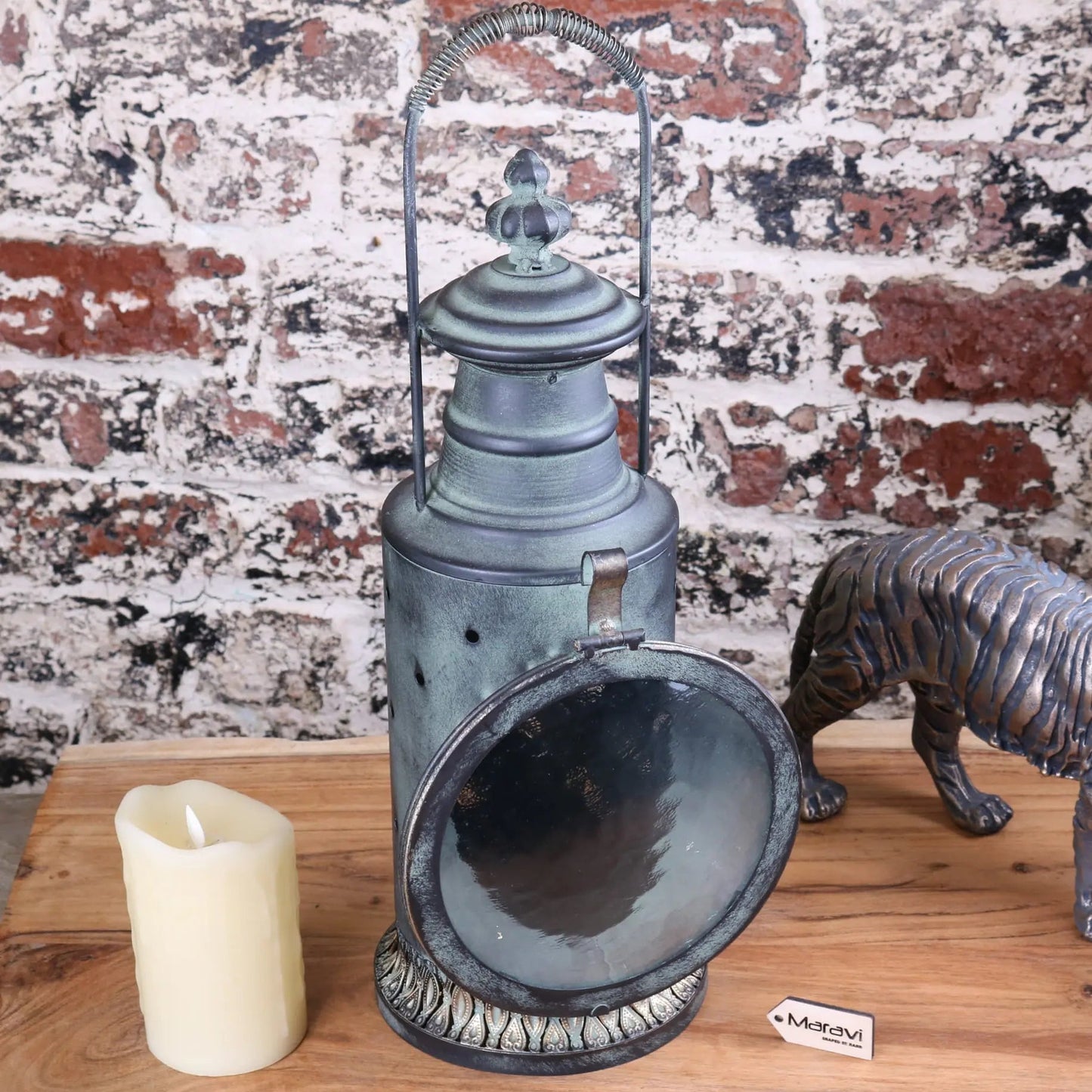 Orchha Vintage Railway Lantern | Industrial Metal & Glass Candle Lantern