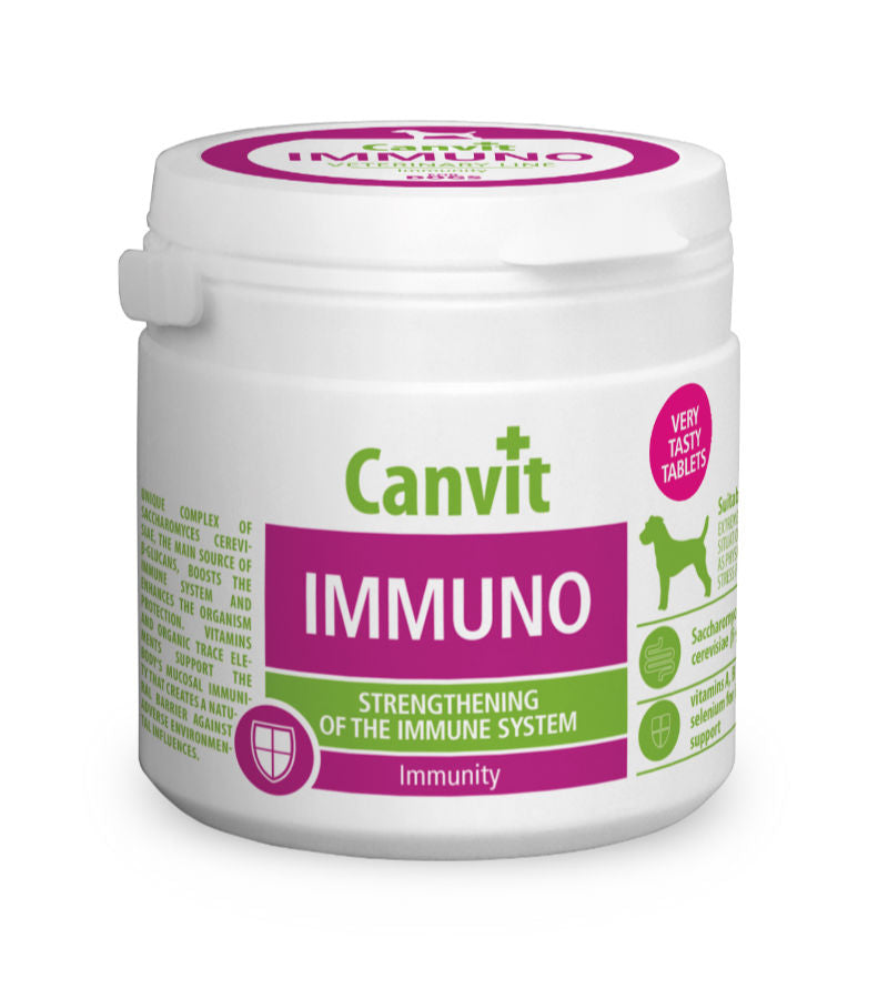 Canvit Immuno for Dogs, 100g jar, showing packaging with vitamins and minerals for canine immunity support