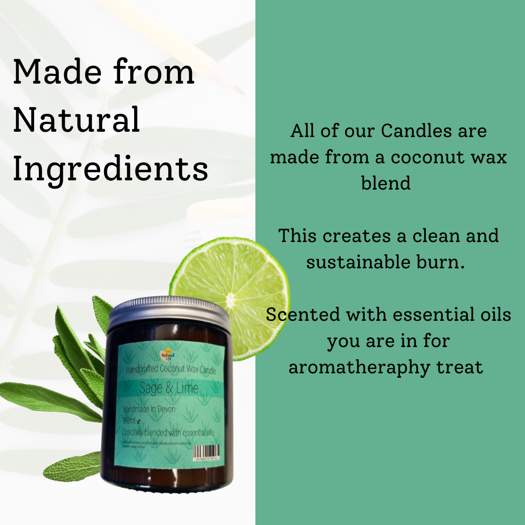 Sage and lime scented hand-poured coconut wax candle from thenaturalspa, with ingredients displayed in a clear image.