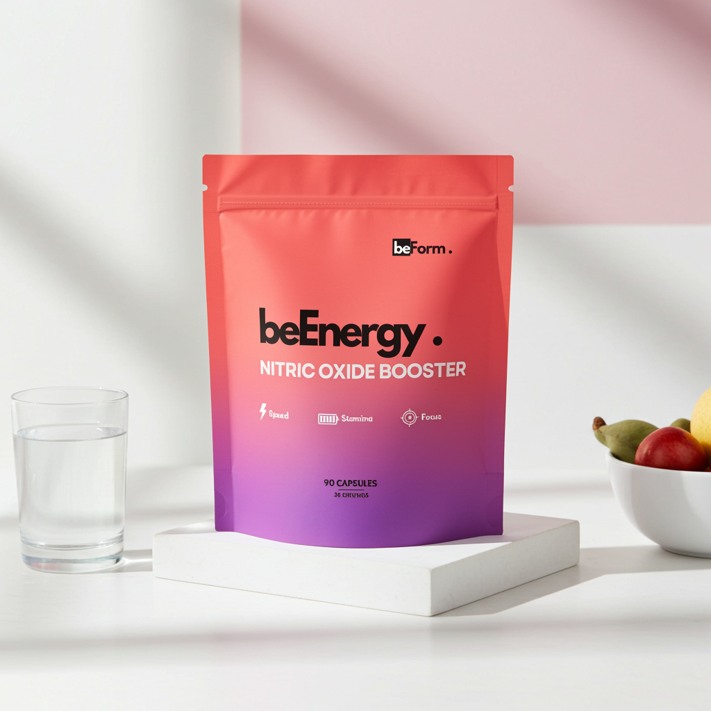 beEnergy Nitric Oxide Booster by beForm Nutrition, showing the supplement container with label details and vibrant product packaging.