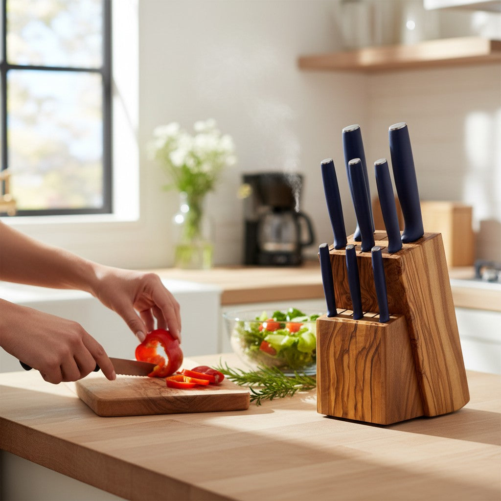 Handcrafted Olive Wood Knife Block | Rustic Kitchen Knife Holder