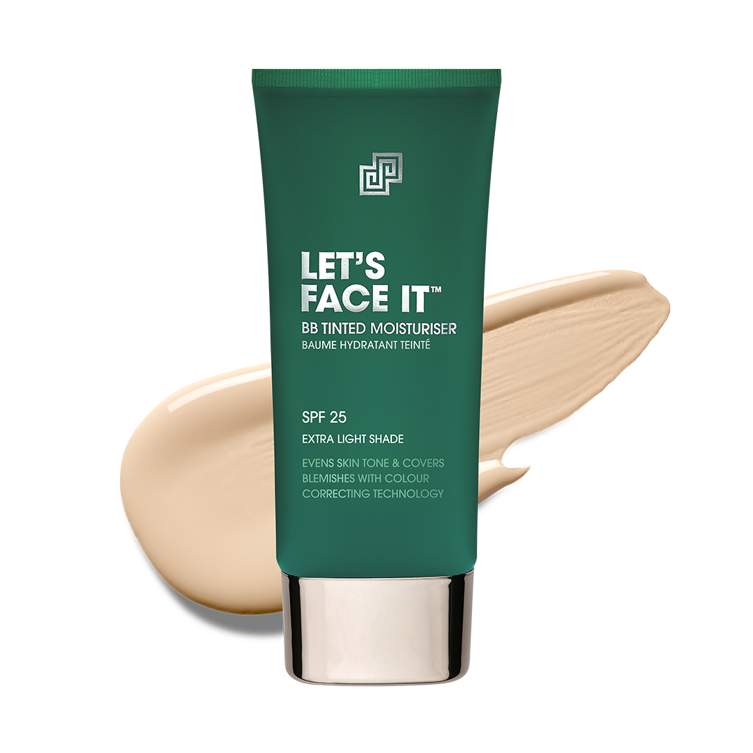 Shakeup Cosmetics Let's Face It BB tinted moisturizer providing hydration, matte finish, and even skin tone in a natural skin look.