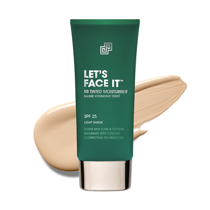 Shakeup Cosmetics Let’s Face It BB Tinted Moisturizer providing hydration, mattifying finish, and even skin tone.