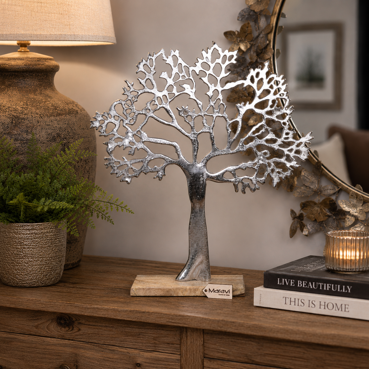 Lolam Tree of Life Sculpture | Silver Metal Ornament on Mango Wood Base