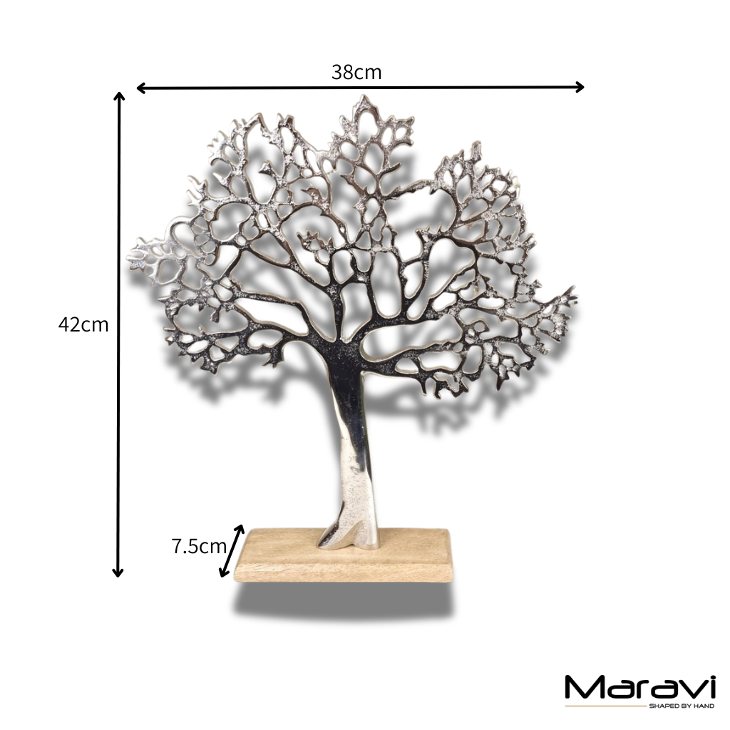 Lolam Tree of Life Sculpture | Silver Metal Ornament on Mango Wood Base