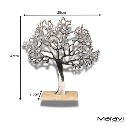 Lolam Tree of Life Sculpture | Silver Metal Ornament on Mango Wood Base