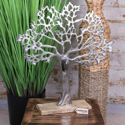 Lolam Tree of Life Sculpture | Silver Metal Ornament on Mango Wood Base