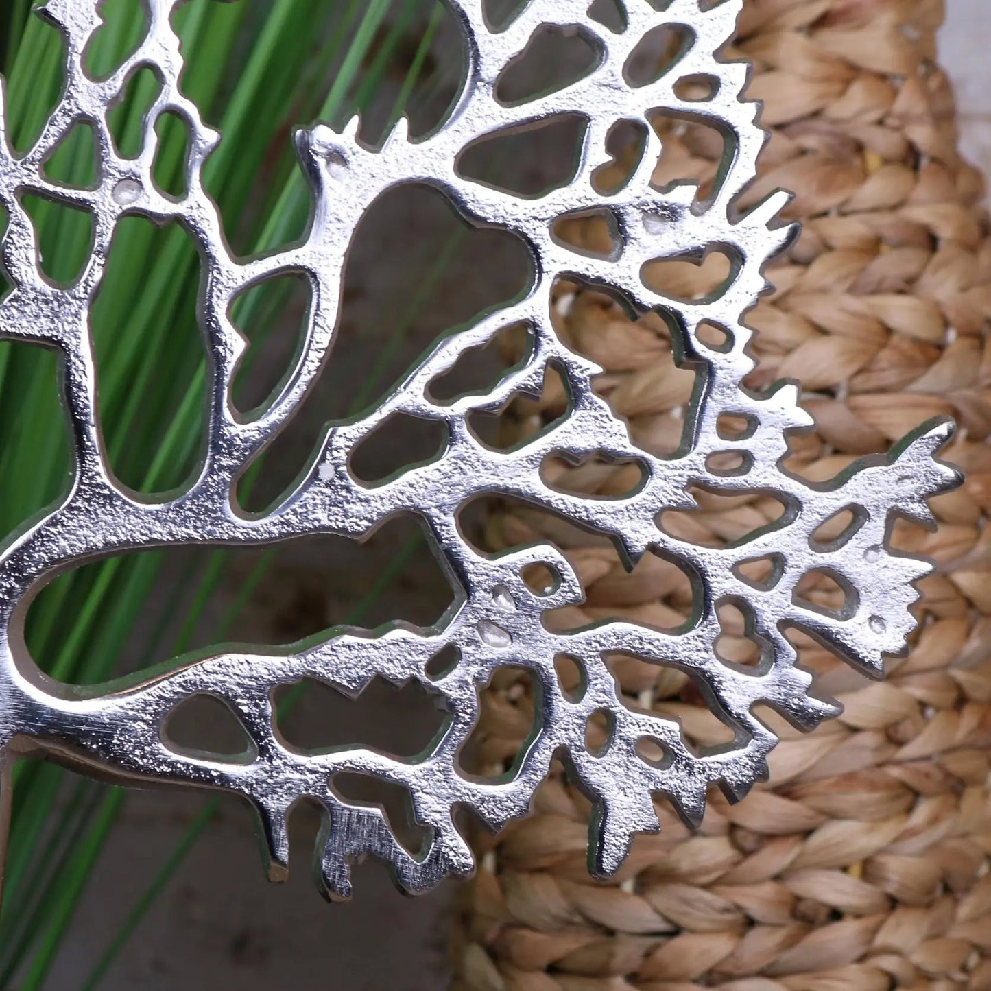 Lolam Tree of Life Sculpture | Silver Metal Ornament on Mango Wood Base