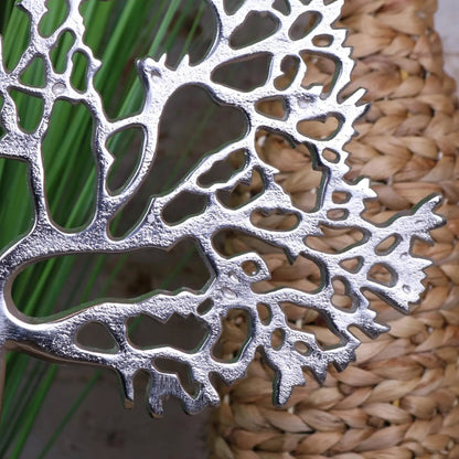Lolam Tree of Life Sculpture | Silver Metal Ornament on Mango Wood Base