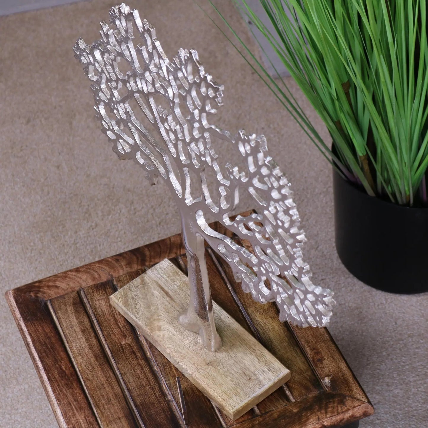 Lolam Tree of Life Sculpture | Silver Metal Ornament on Mango Wood Base
