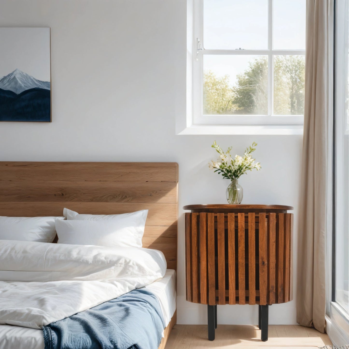 Verty Furniture Compton Mango Wood Bedside Table with sleek design and natural wood finish, shown in a stylish bedroom setting.