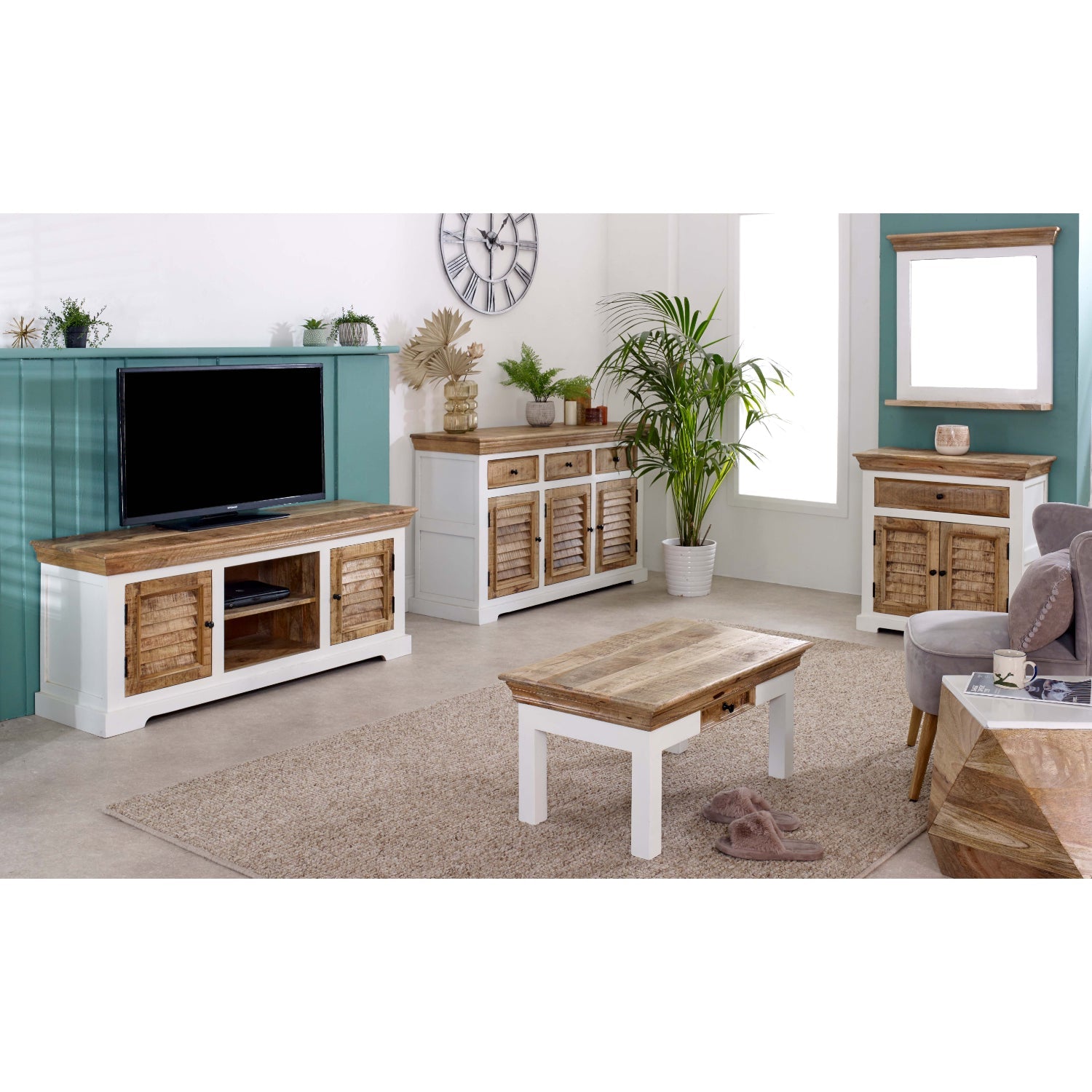 Handmade Bianco solid mango wood TV cabinet by Verty Furniture, featuring elegant design and durable craftsmanship.