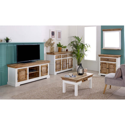 Handmade Bianco solid mango wood TV cabinet by Verty Furniture, featuring a sleek design for entertainment centers and TV stands.