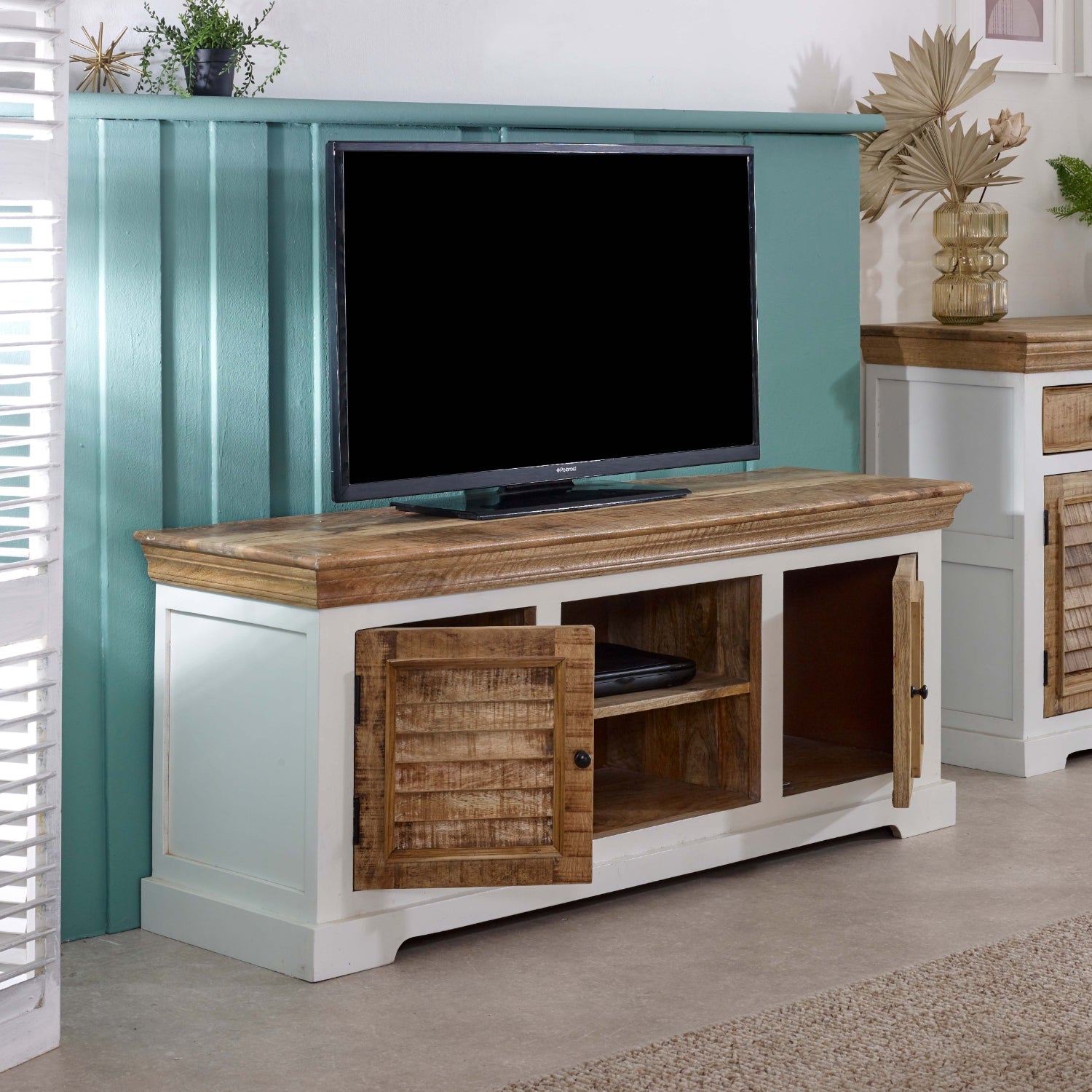 Handmade Bianco solid mango wood TV cabinet by Verty Furniture, featuring elegant design and durable craftsmanship.