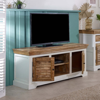 Handmade Bianco solid mango wood TV cabinet by Verty Furniture, featuring elegant design and durable craftsmanship.