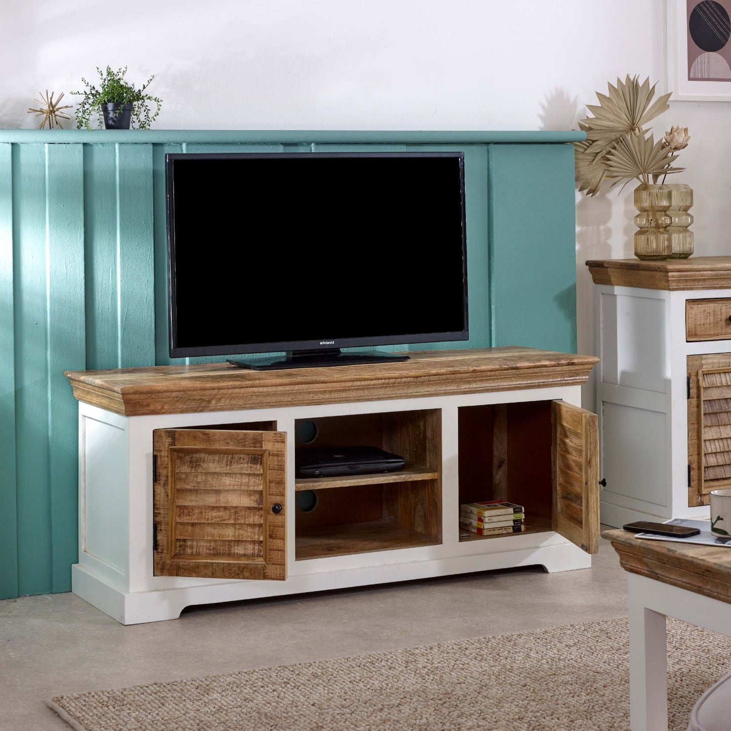 Handmade Bianco solid mango wood TV cabinet by Verty Furniture, showcasing elegant design and durable craftsmanship.