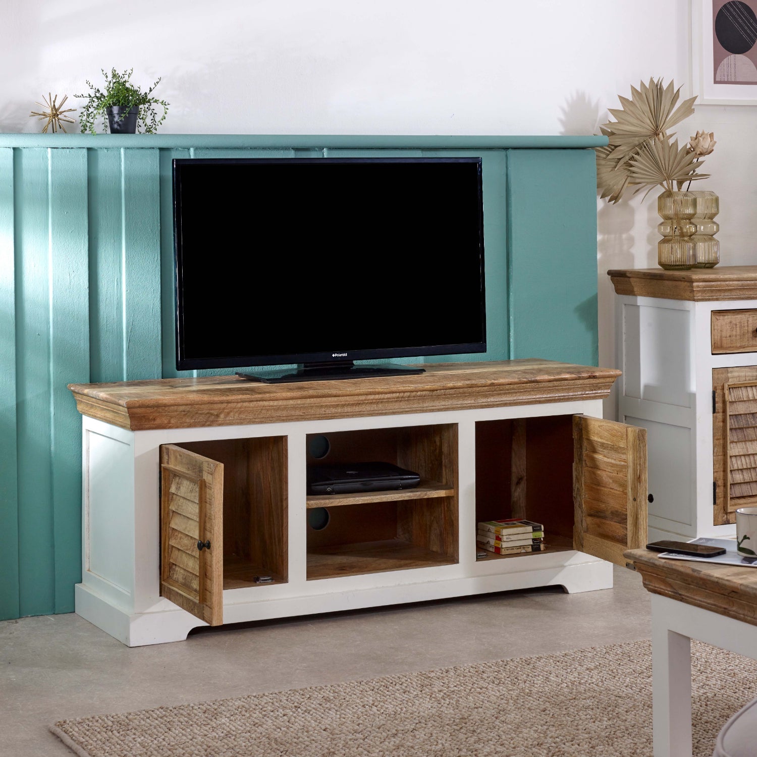 Handmade Bianco solid mango wood TV cabinet from Verty Furniture, featuring a sleek design and durable construction.