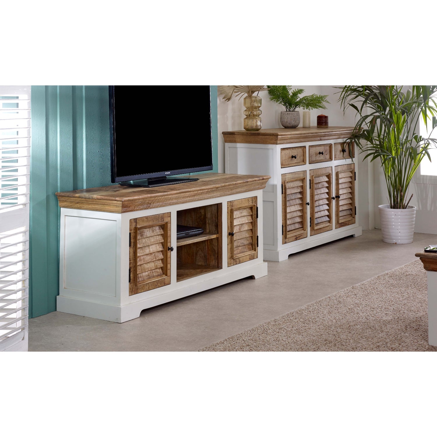 Handmade Bianco solid mango wood TV cabinet by Verty Furniture, featuring elegant design and sturdy, fully assembled construction.