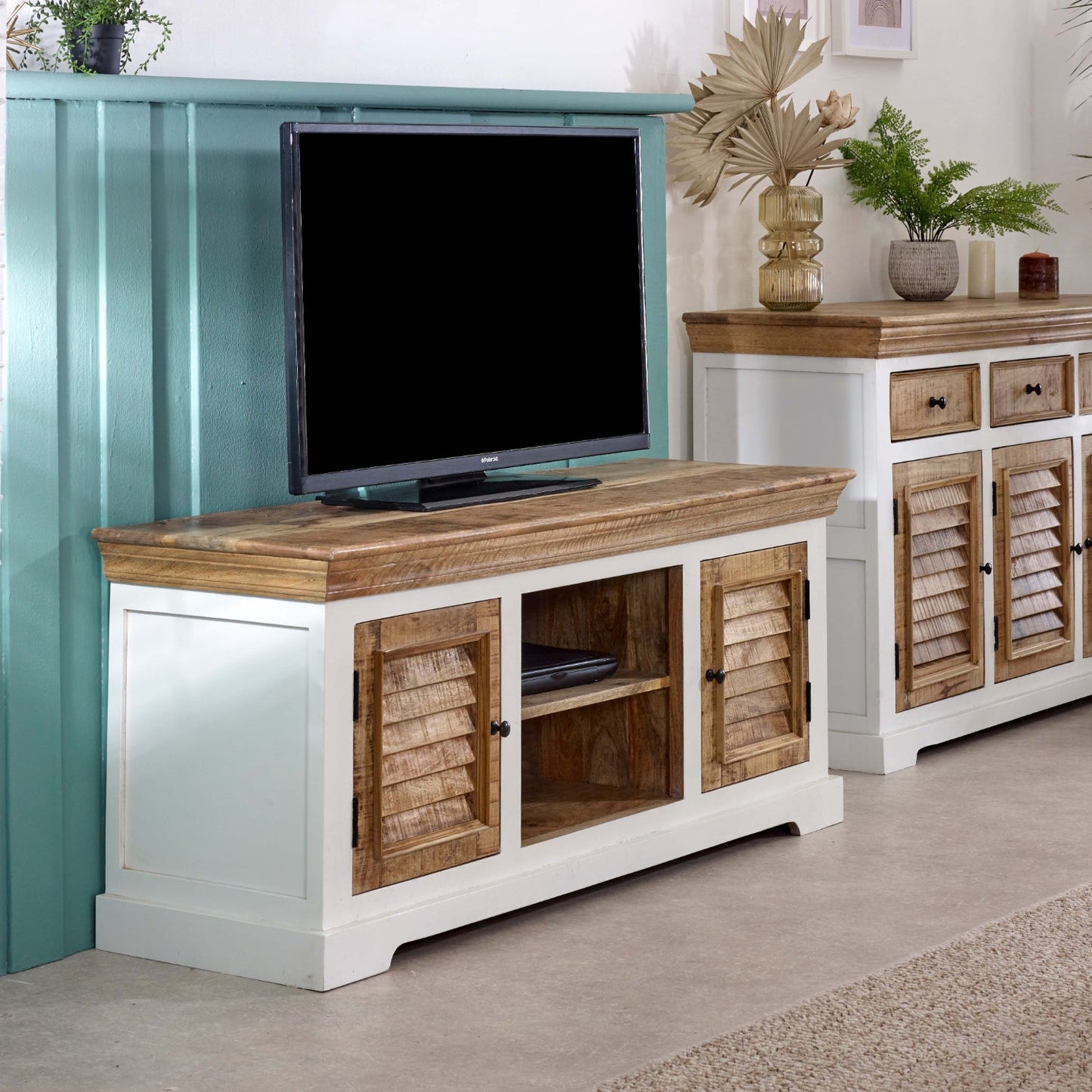 Handmade bianco solid mango wood TV cabinet by Verty Furniture, elegant and durable entertainment center with a sleek finish.