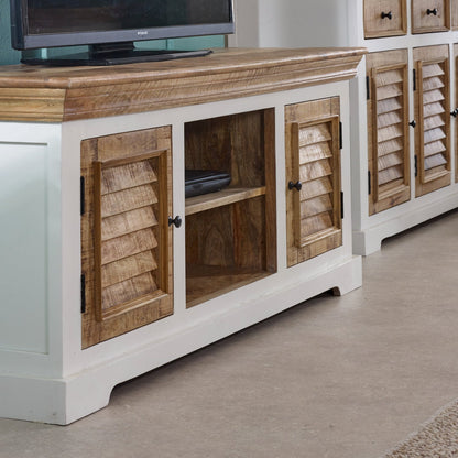 Handmade Bianco solid mango wood TV cabinet by Verty Furniture, featuring a sleek design and durable craftsmanship.