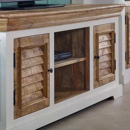 Handmade Bianco solid mango wood TV cabinet by Verty Furniture, showcasing a durable, elegant entertainment center with a spacious design.