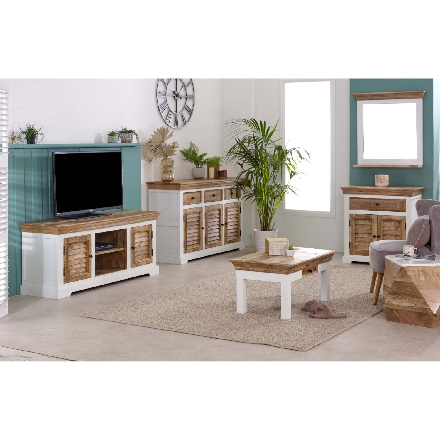 Handmade Bianco solid mango wood TV cabinet by Verty Furniture, showcasing elegant design and durable craftsmanship for entertainment centers.
