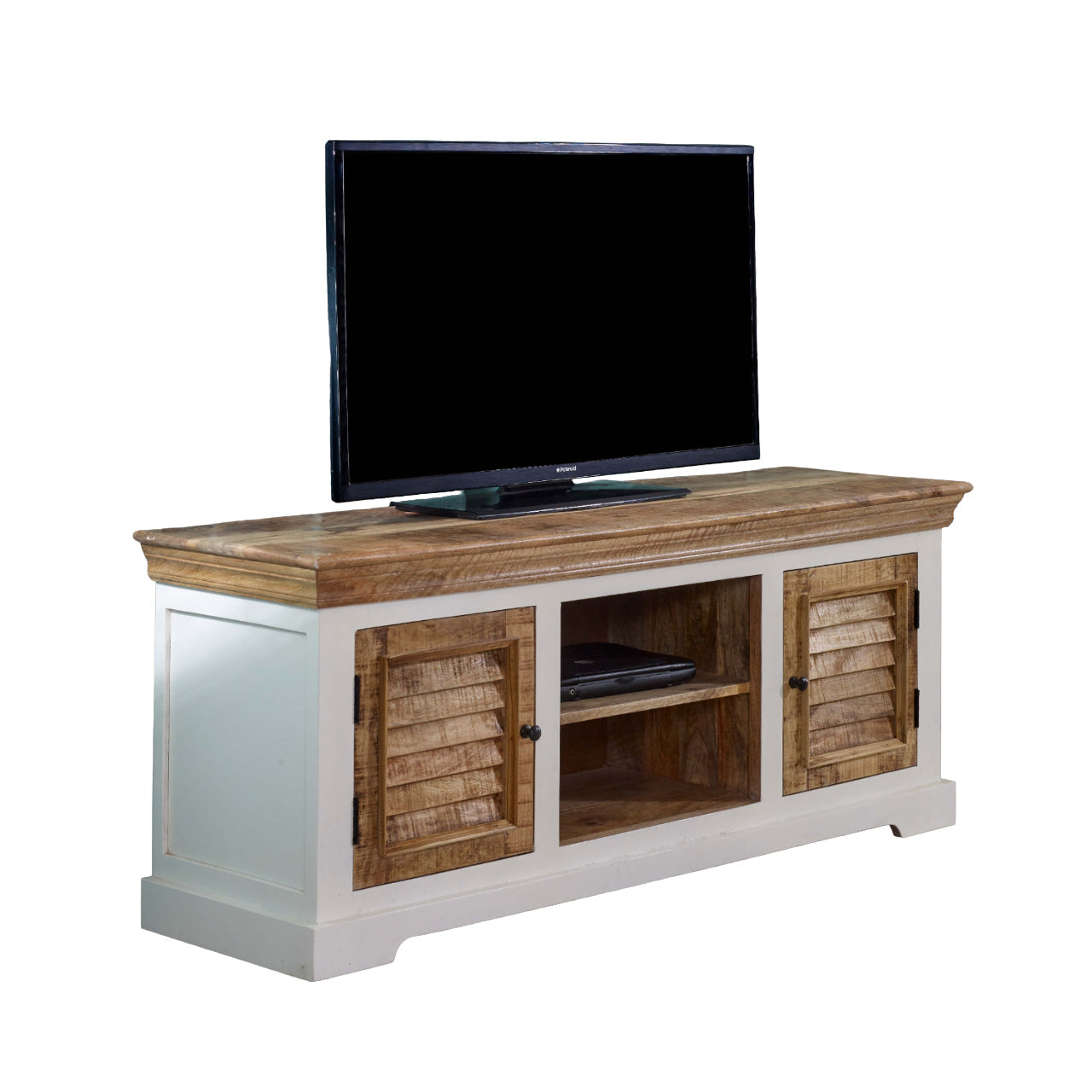 Handmade Bianco solid mango wood TV cabinet by Verty Furniture, featuring a sleek, durable design for entertainment centers.