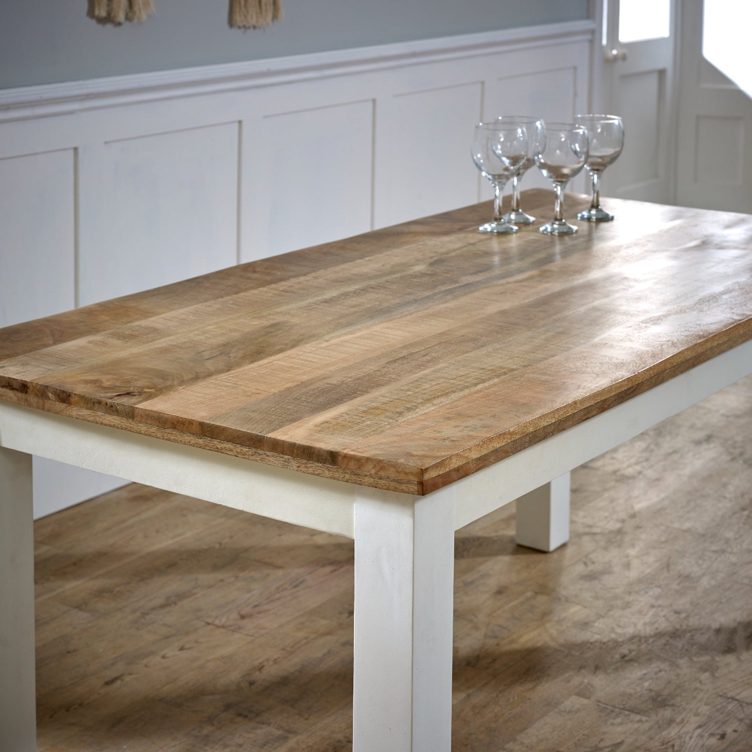 Bianco solid mango wood white dining table by Verty Furniture, showcasing a sleek, modern kitchen and dining room table design.