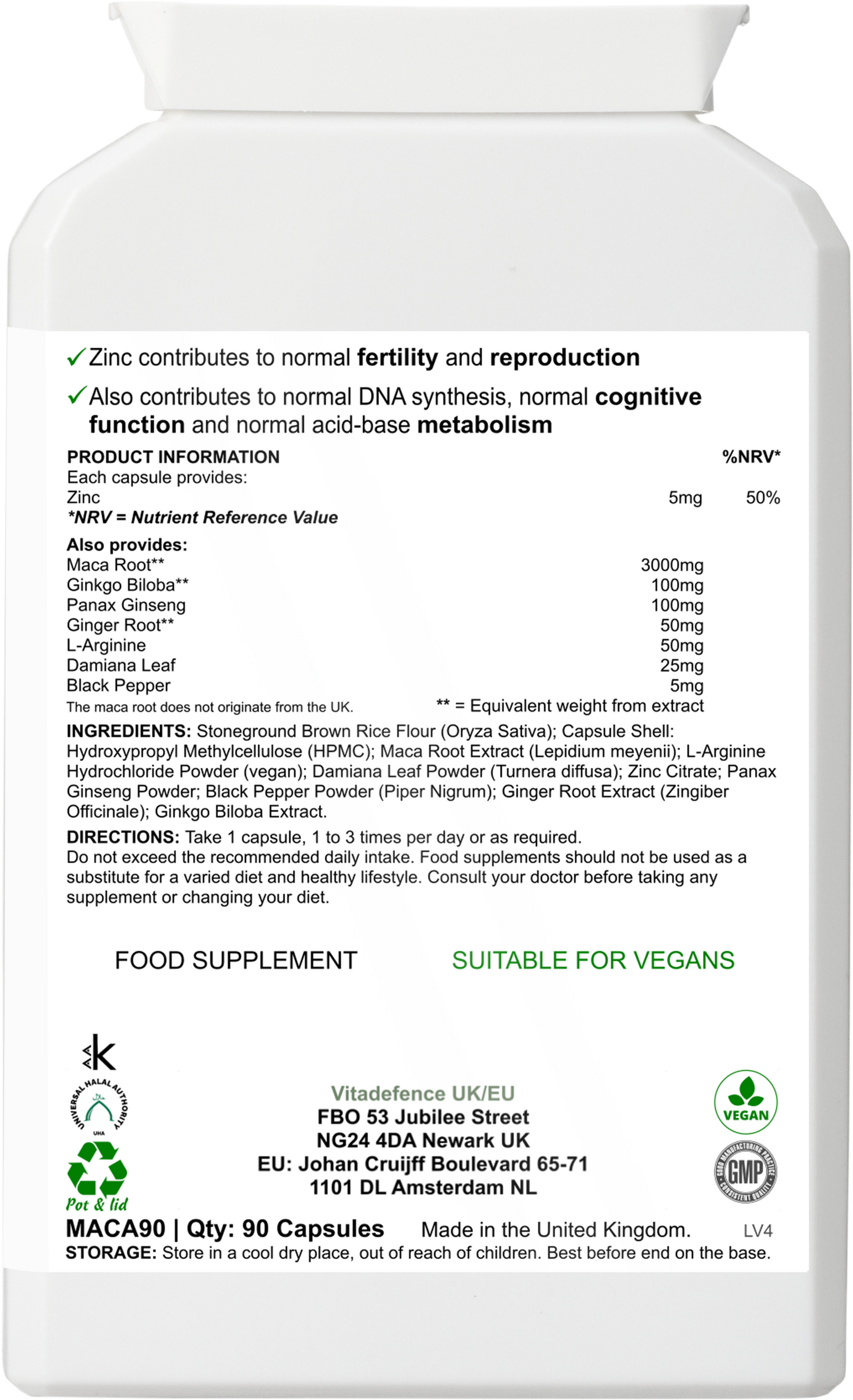 VitaDefence Maca Root Multi vegan capsules with L-Arginine, Ginkgo Biloba, and Zinc in a 90-capsule bottle, front view.