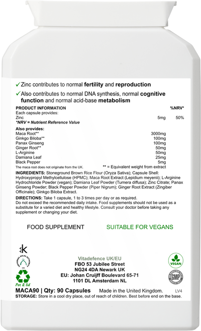 VitaDefence Maca Root Multi vegan capsules with L-Arginine, Ginkgo Biloba, and Zinc in a 90-capsule bottle, front view.