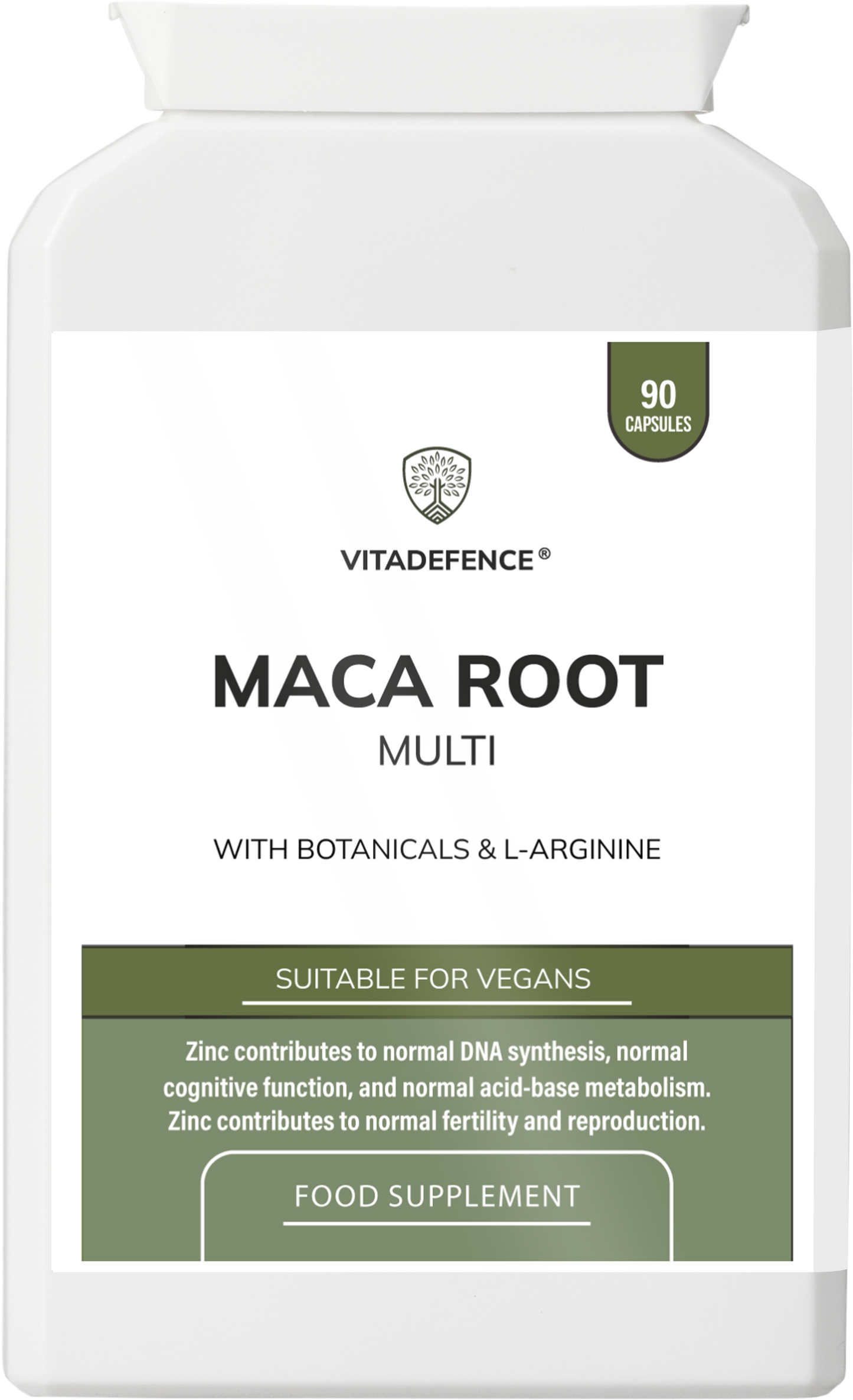 VitaDefence Maca Root Multi vegan supplement capsules with L-Arginine, Ginkgo Biloba, and Zinc, shown in front view.