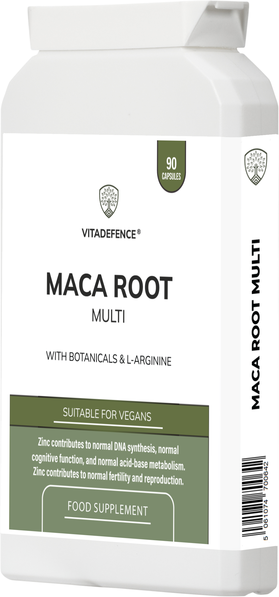 VitaDefense Maca Root Multi vegan supplement capsules with L-Arginine, Ginkgo Biloba, and Zinc in a three-panel perspective image
