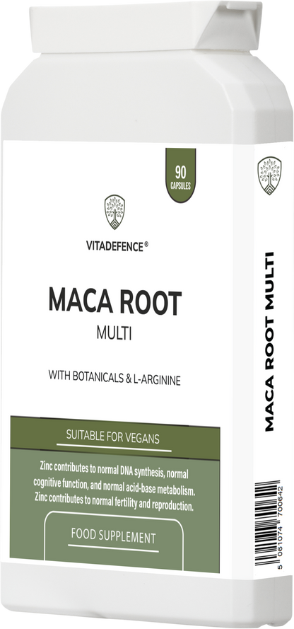 VitaDefense Maca Root Multi vegan supplement capsules with L-Arginine, Ginkgo Biloba, and Zinc in a three-panel perspective image