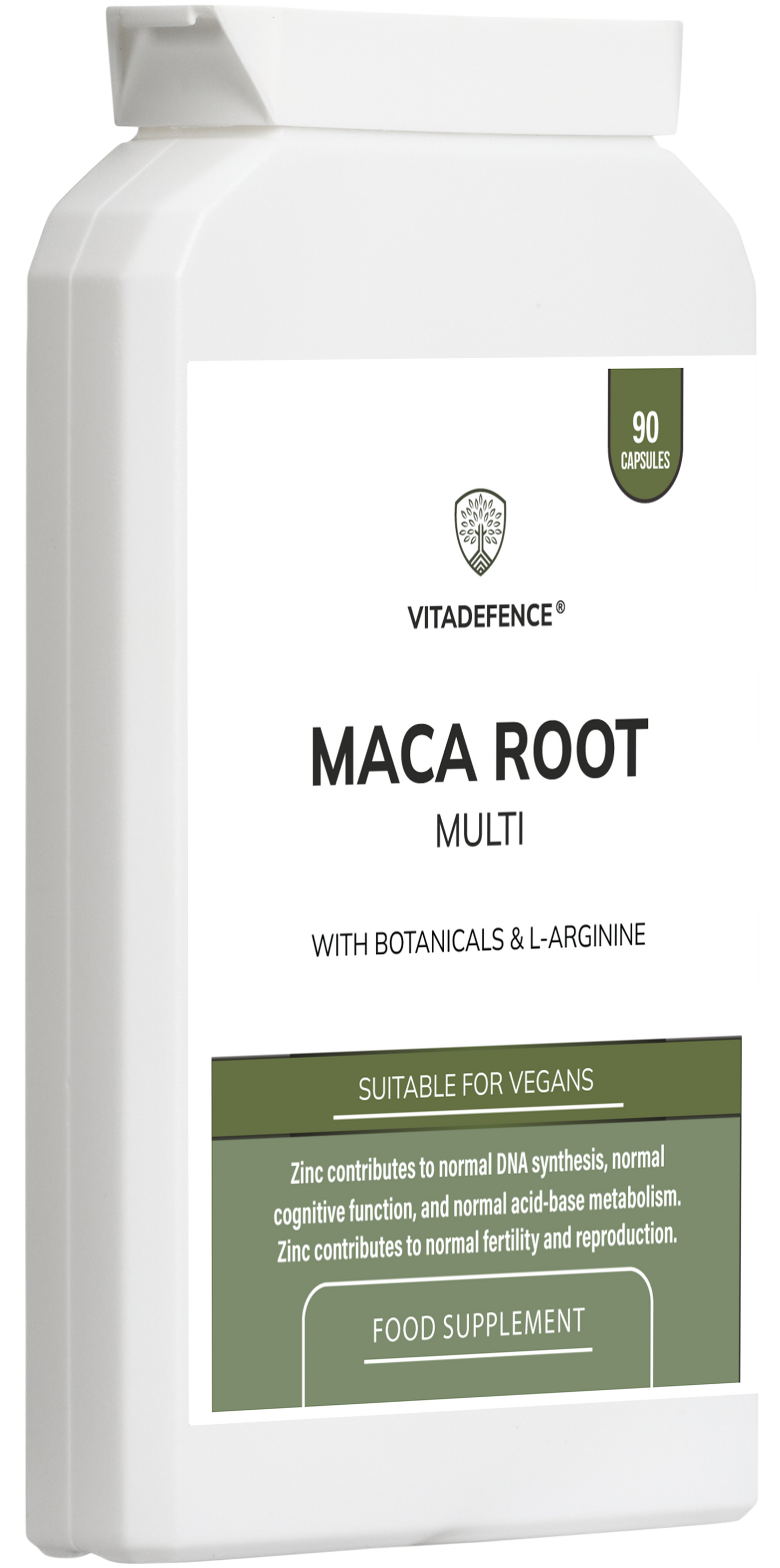 VitaDefence Maca Root Multi vegan capsules with L-Arginine, Ginkgo Biloba, and Zinc, displayed in a row on a white background.