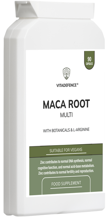 VitaDefence Maca Root Multi vegan capsules with L-Arginine, Ginkgo Biloba, and Zinc, displayed in a row on a white background.