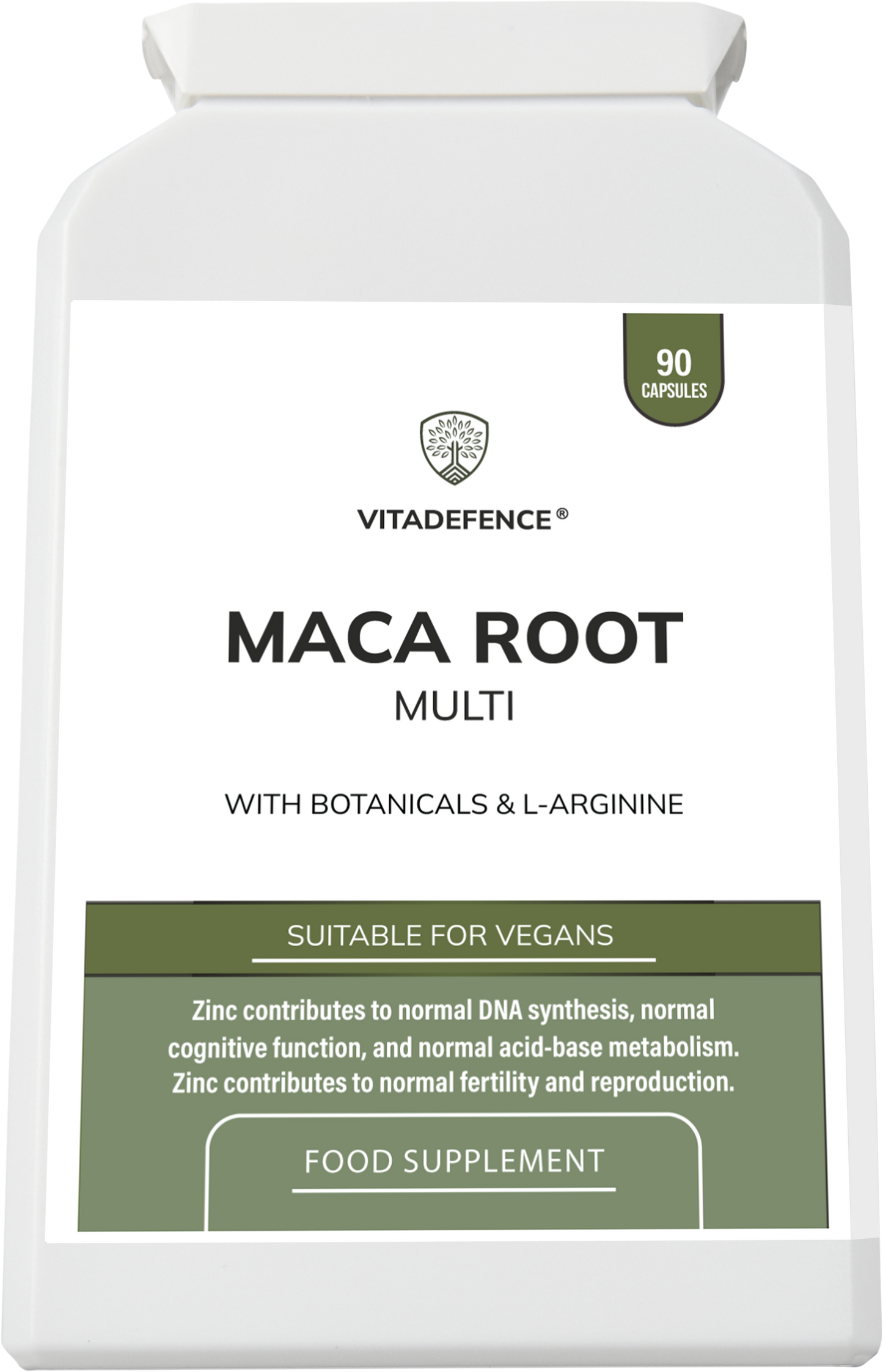 VitaDefence Maca Root Multi food supplement capsules with L-Arginine, Ginkgo Biloba, and Zinc, 90 vegan capsules.
