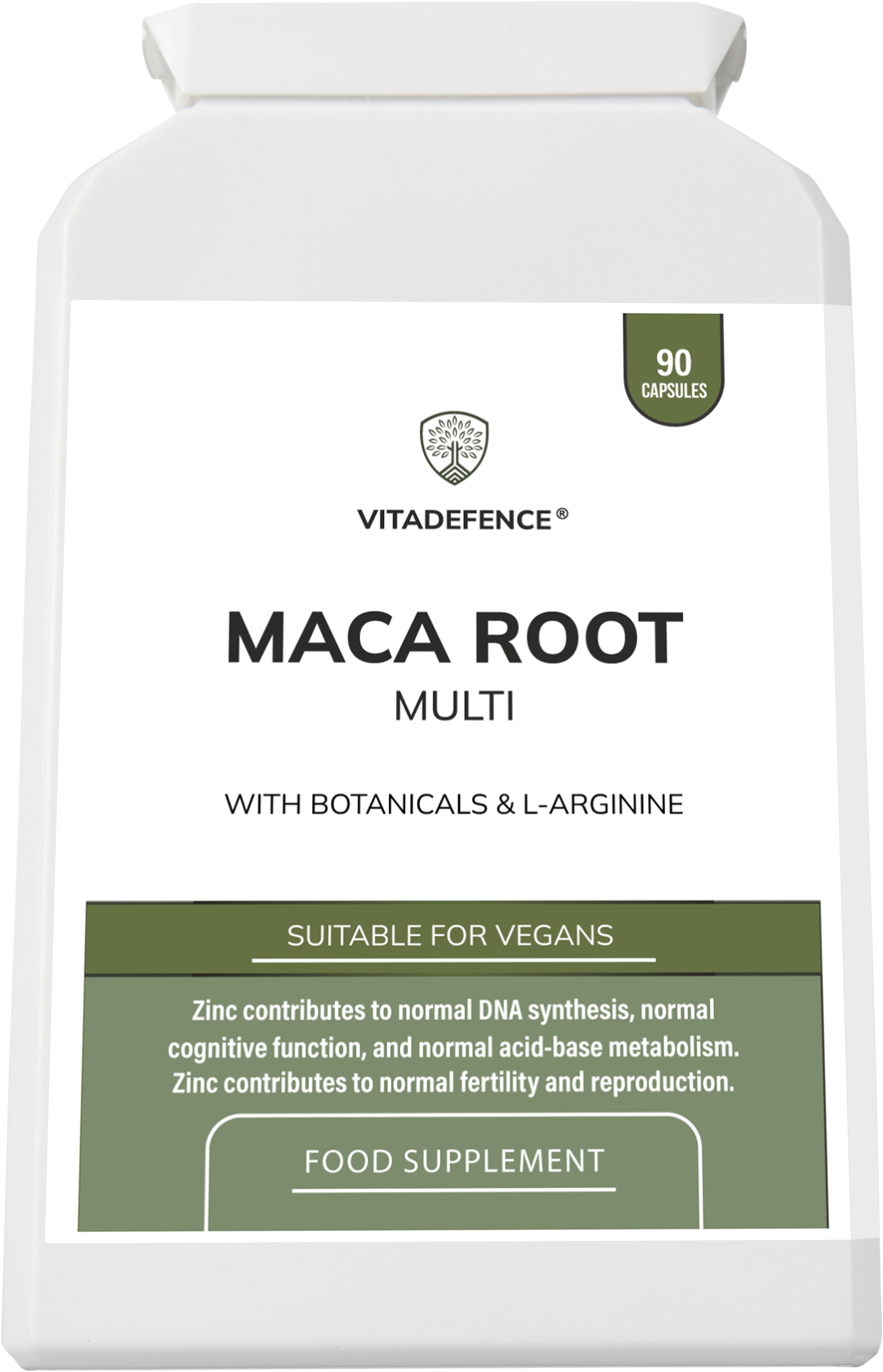 VitaDefence Maca Root Multi food supplement capsules with L-Arginine, Ginkgo Biloba, and Zinc, 90 vegan capsules.