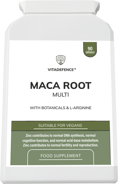 VitaDefence Maca Root Multi food supplement capsules with L-Arginine, Ginkgo Biloba, and Zinc, 90 vegan capsules.