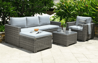 Marbella grey 5-seater garden sofa set with ottoman and cover bundle, featuring plush cushions and modern outdoor design by MINT Outdoor.