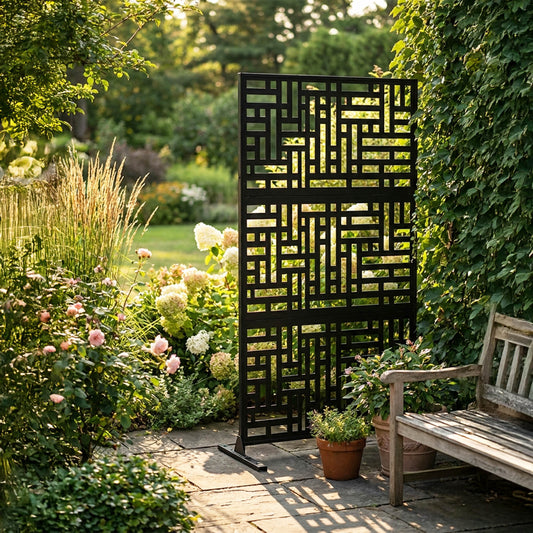 Black metal indoor/outdoor privacy screen with maze pattern, measuring 90cm by 180cm, by Nicoman.co.uk.