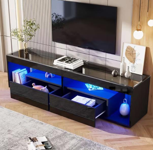 Modern TV cabinet by DEPOT with sleek design and blue LED lighting, ideal for contemporary living room entertainment centers.