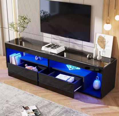 Modern TV cabinet by DEPOT with sleek design and blue LED lighting, ideal for contemporary living room entertainment centers.