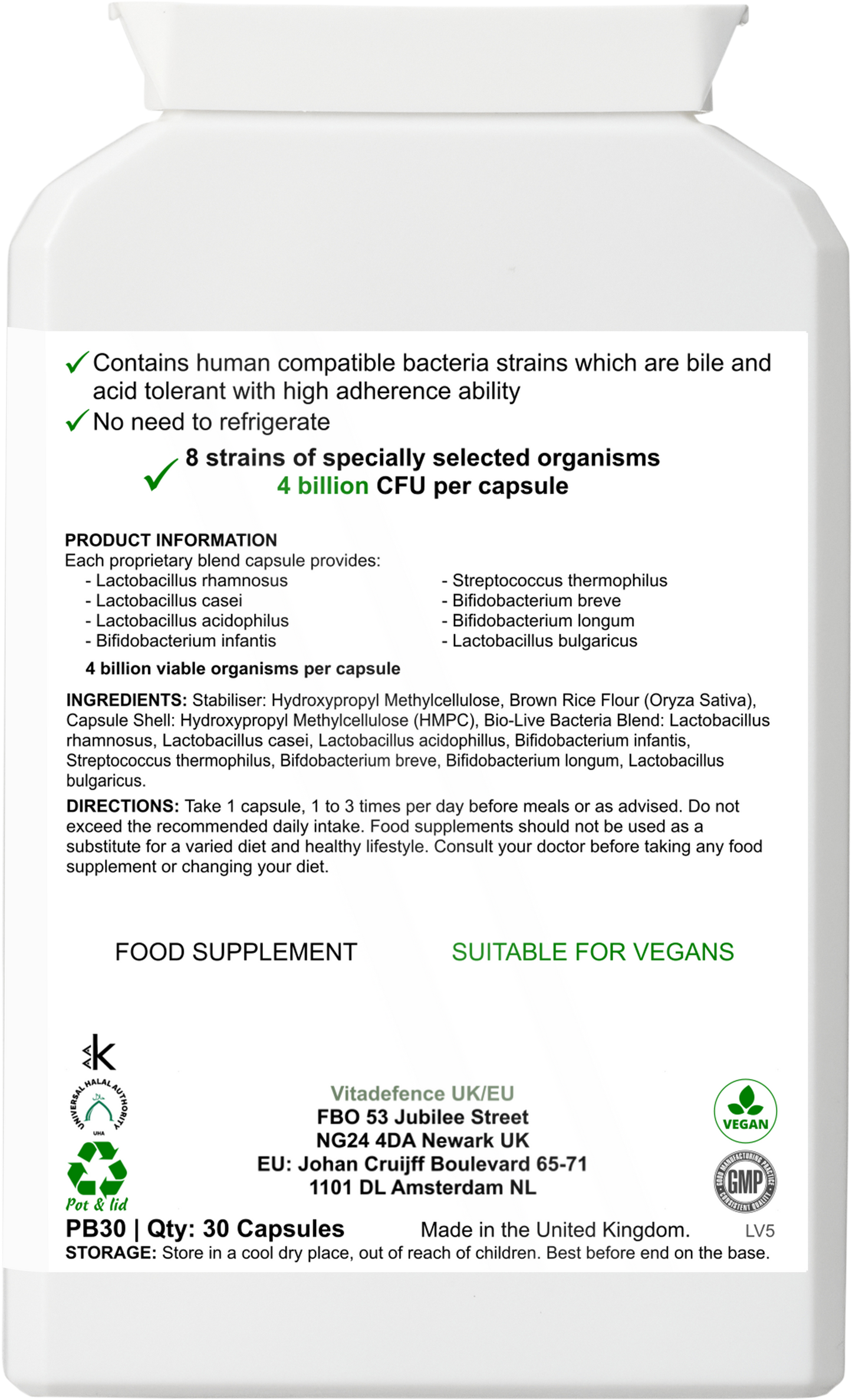 Vitadefence Live Cultures Multi food supplement with 8 probiotic strains, 4 billion CFU, in a 30-capsule bottle.