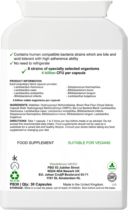 Vitadefence Live Cultures Multi food supplement with 8 probiotic strains, 4 billion CFU, in a 30-capsule bottle.