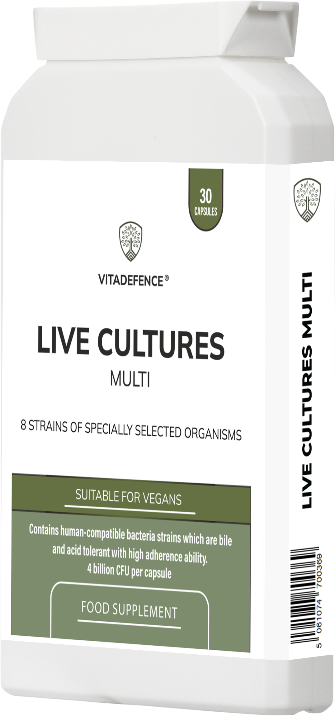 Vitadefence Live Cultures Multi food supplement with 8 probiotic strains and 4 billion CFU in 30 capsules, showing capsules and label.
