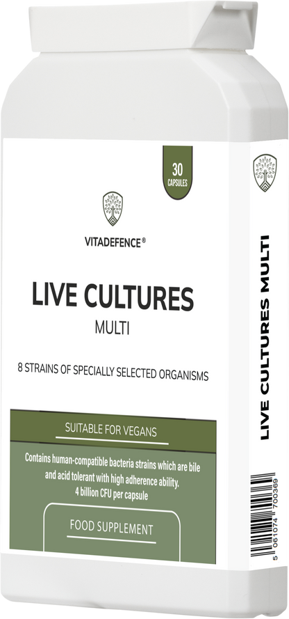 Vitadefence Live Cultures Multi food supplement with 8 probiotic strains and 4 billion CFU in 30 capsules, showing capsules and label.