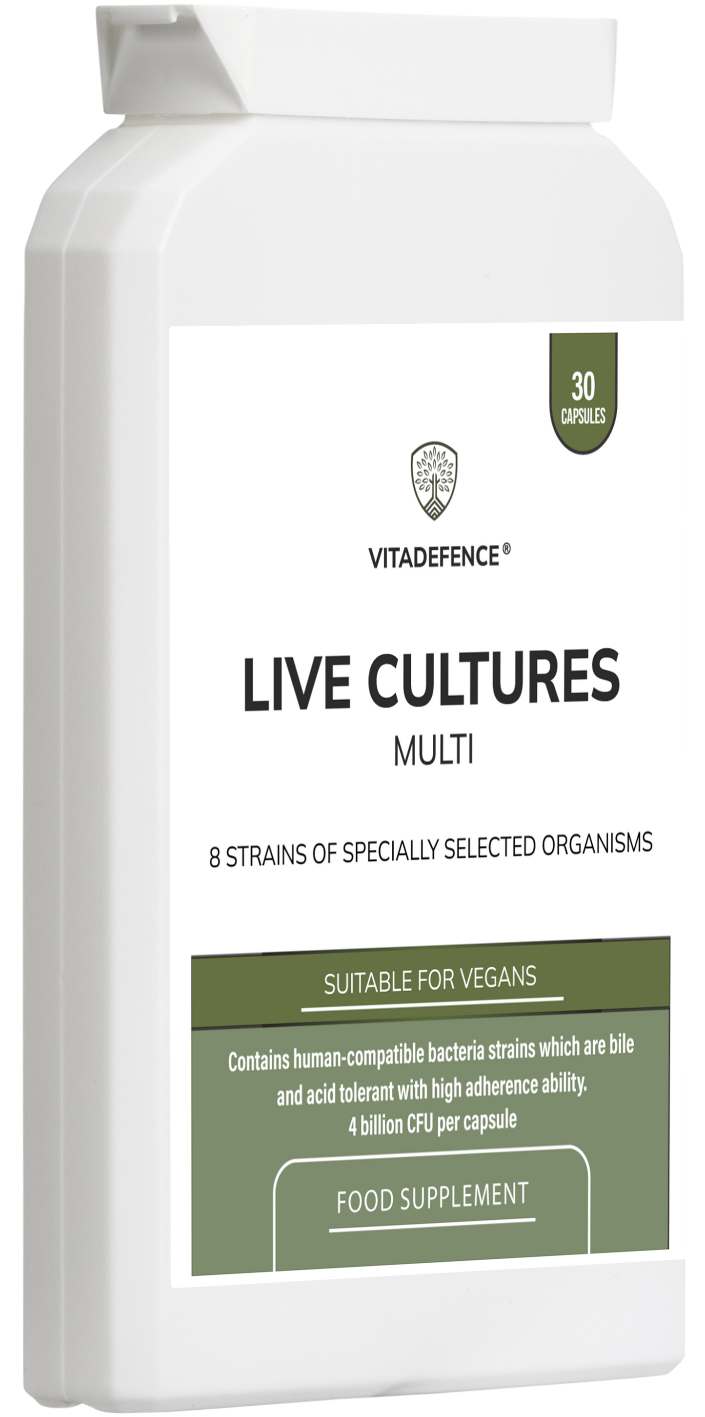Vitadefence Live Cultures Multi food supplement with 8 probiotic strains and 4 billion CFU in 30 capsules, front view.