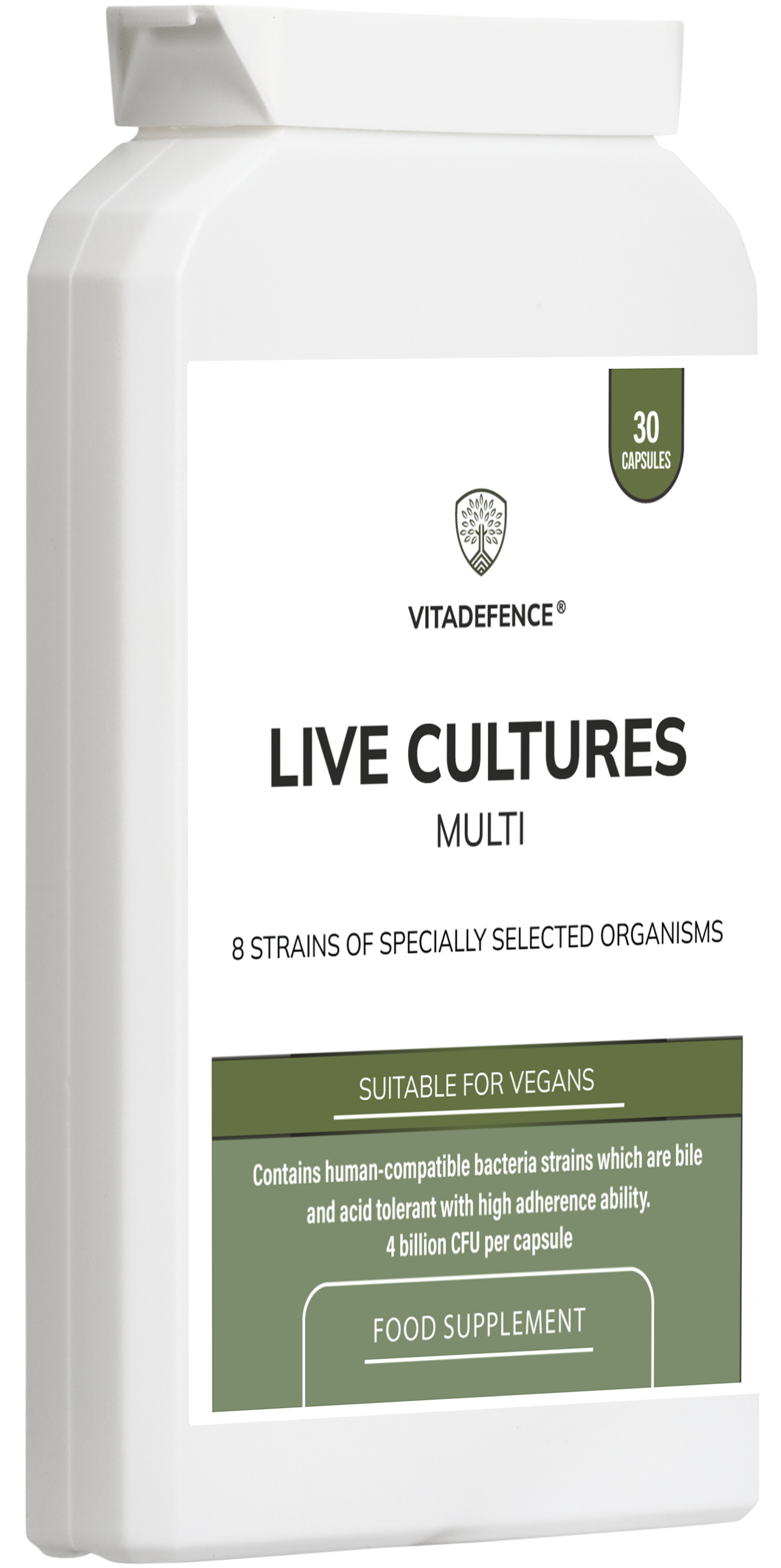 Vitadefence Live Cultures Multi food supplement with 8 probiotic strains and 4 billion CFU in 30 capsules, front view.