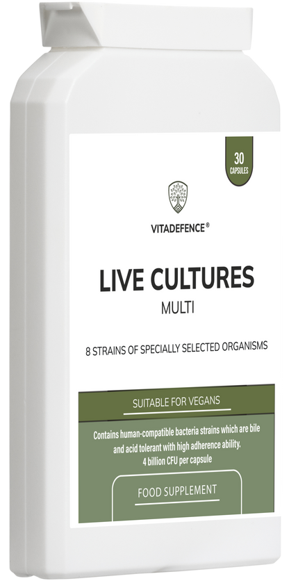 Vitadefence Live Cultures Multi food supplement with 8 probiotic strains and 4 billion CFU in 30 capsules, front view.